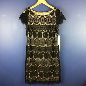 Eliza J Women's Cap Sleeve Lace Overlay Shift Dress Black Illusion Size 10 NWT